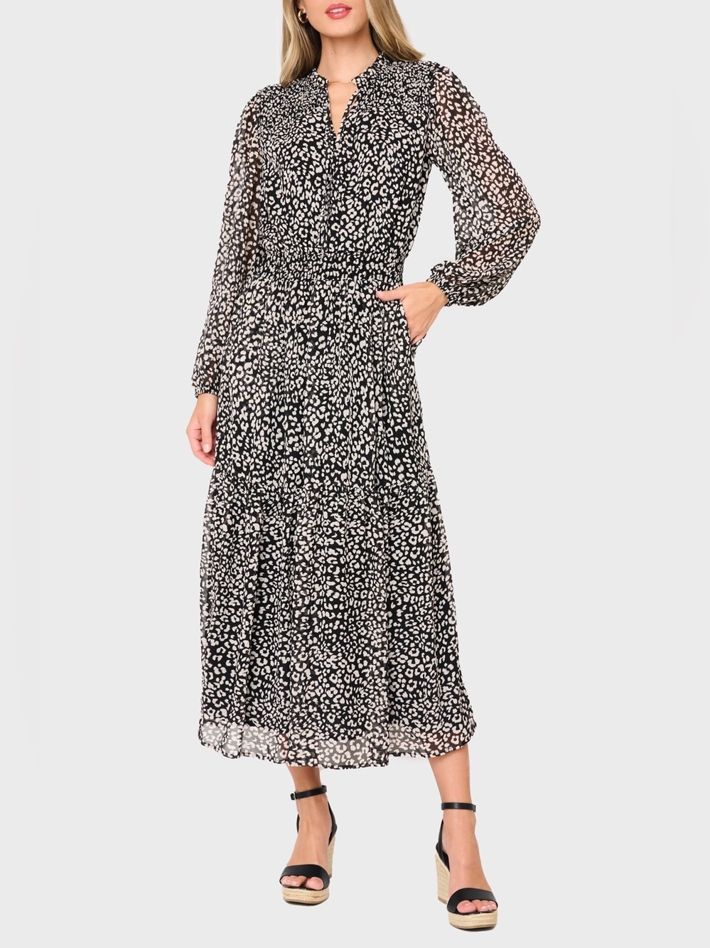 Gibsonlook Leyla Smocked Maxi Dress Black Dune Cheetah 3X NWOT